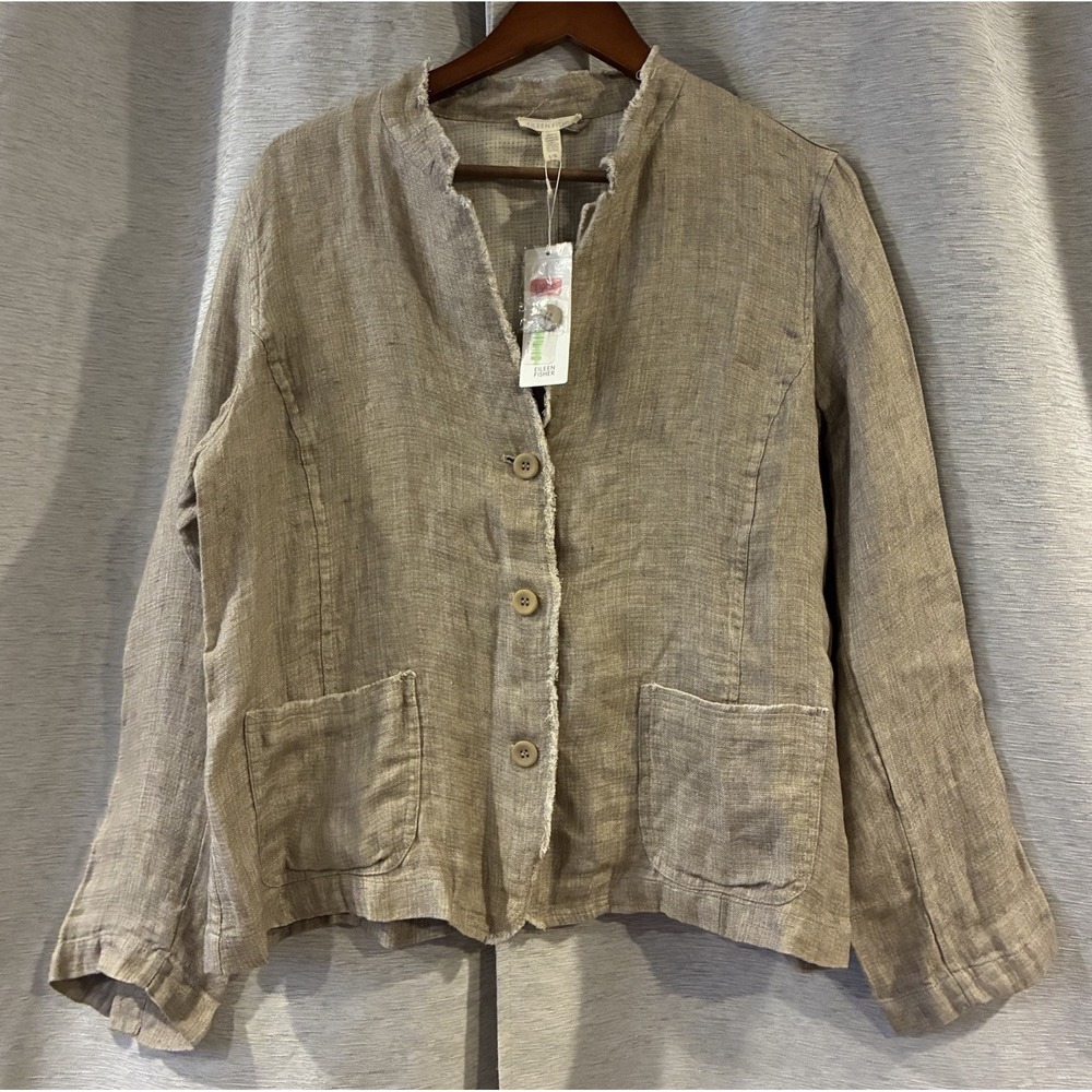 Eileen Fisher Organic Linen Frayed Stand Collar Jacket Beige Large NWT S16DDN